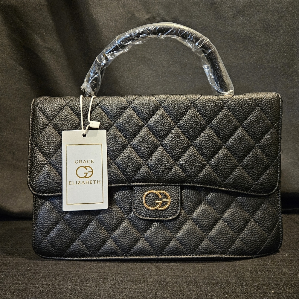 "NEW" Grace Elizabeth Quilted Black Handbag With Gold-tone Hardware